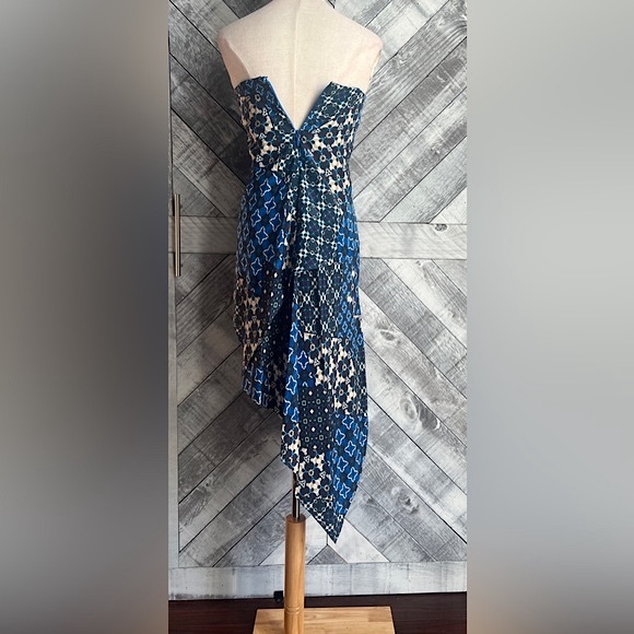 BCBG MAXAZRIA ENID PACIFIC BLUE PATCHWORK ASYMMETRICAL DRESS with FRINGE NWOT - Picture 7 of 11